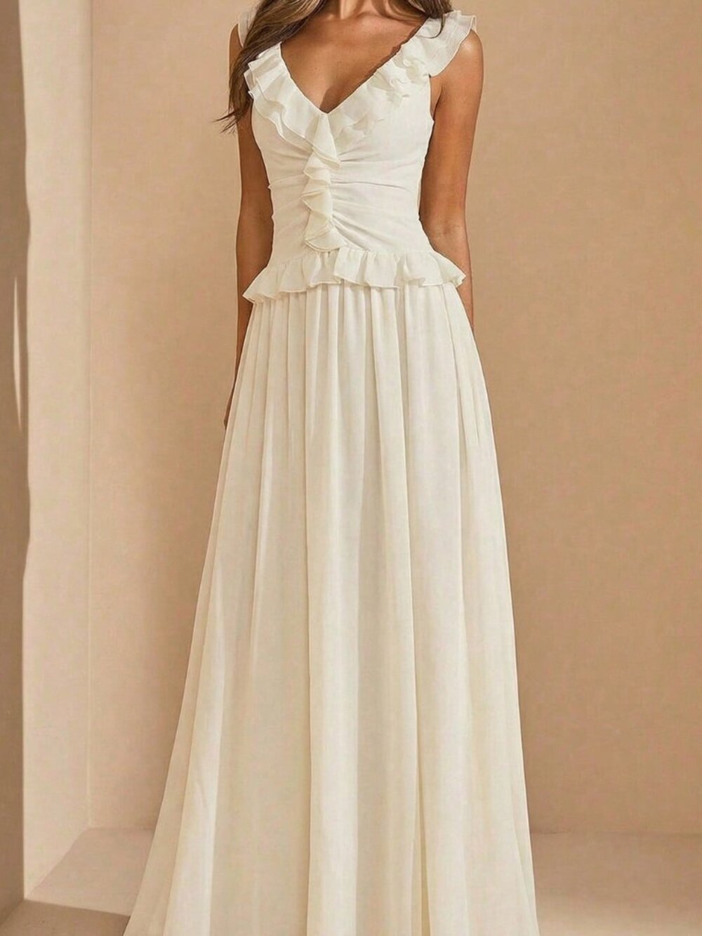 Apricot Sexy Women's Plain Sleeveless V Neck Flared A Line Maxi Dress